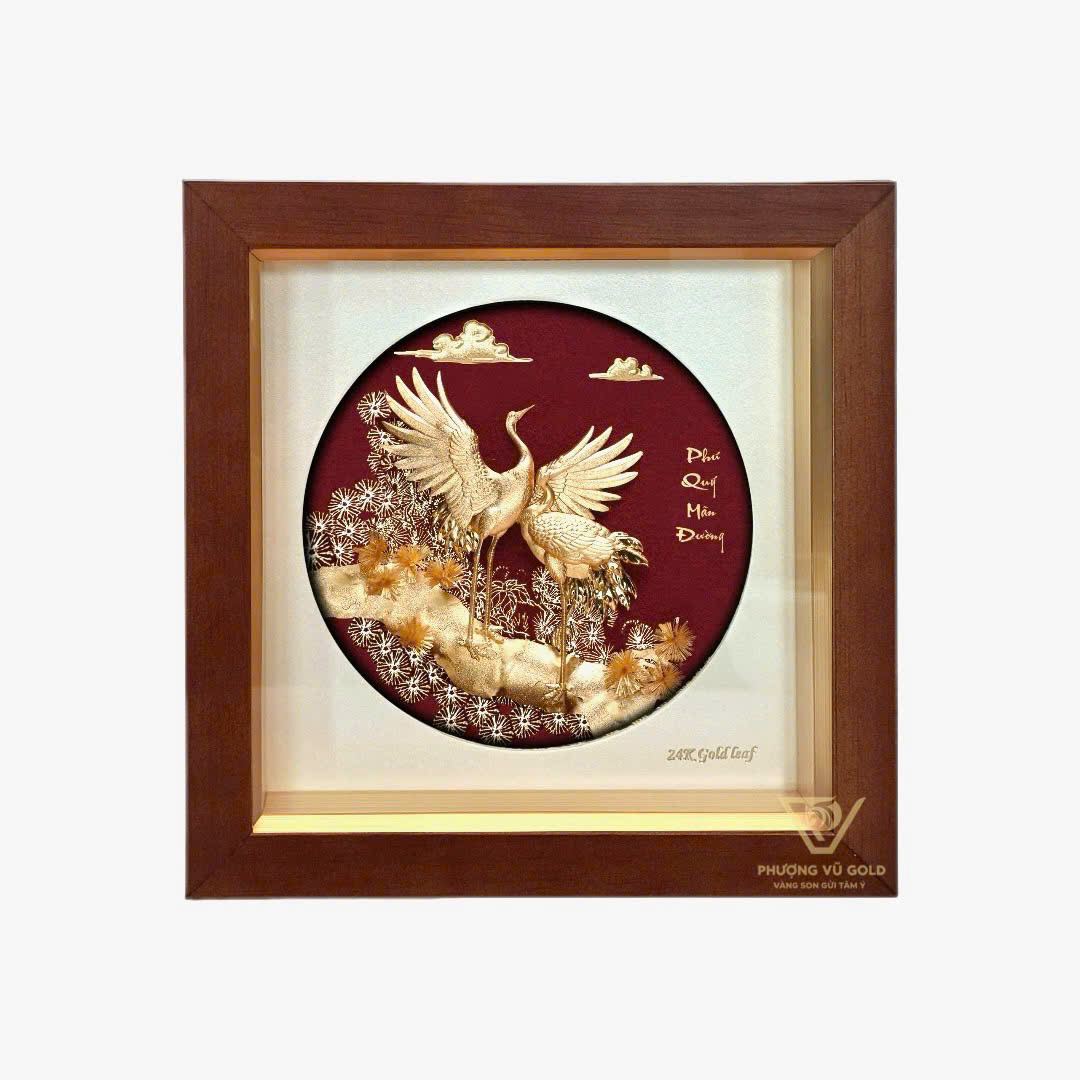 Tranh Tùng Hạc Diên Niên Dát Vàng 24K – Quà Tặng Để Bàn | Phượng Vũ Gold