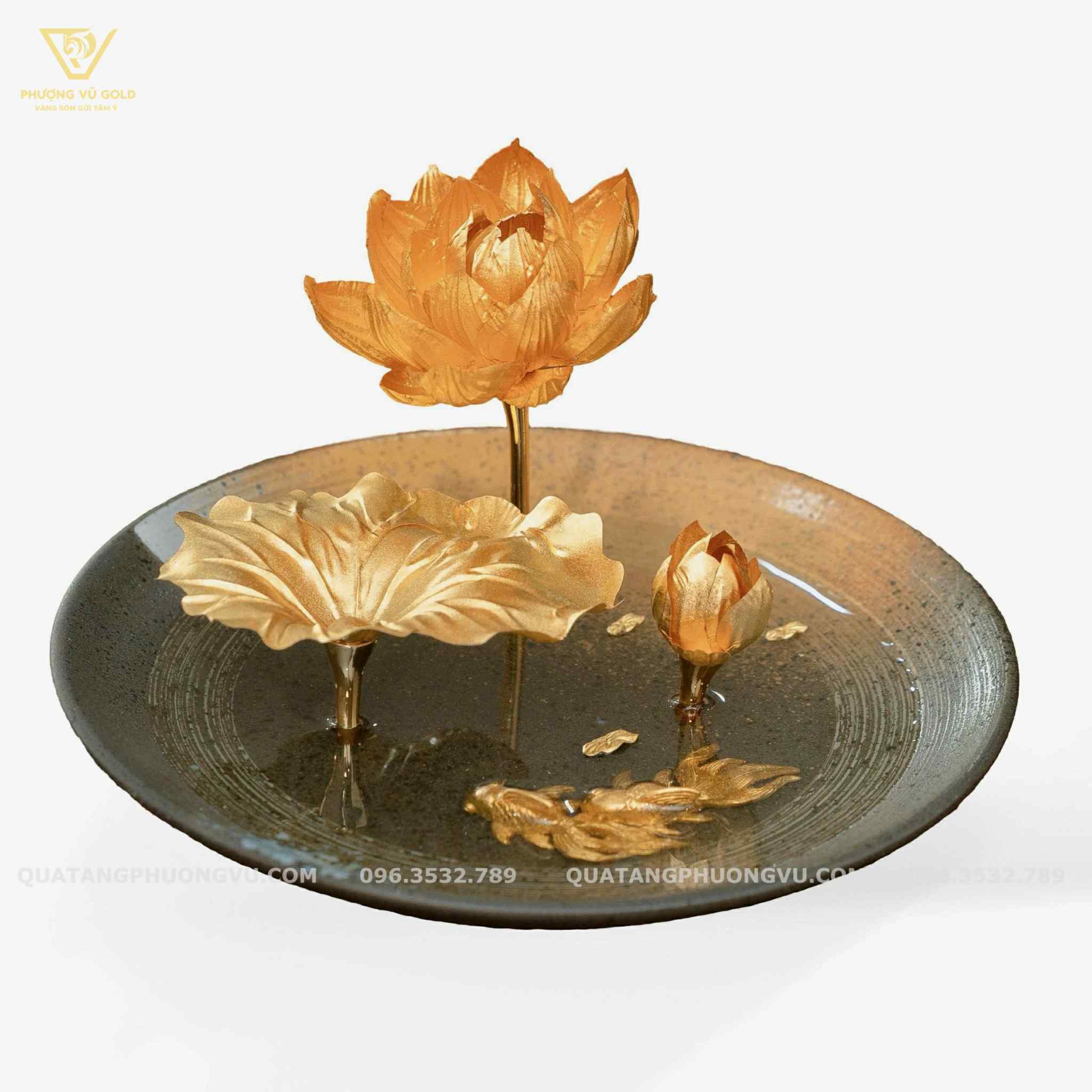Đĩa Hoa Sen Mạ Vàng 24K – Quà Tặng Để Bàn Sang Trọng | Phượng Vũ Gold