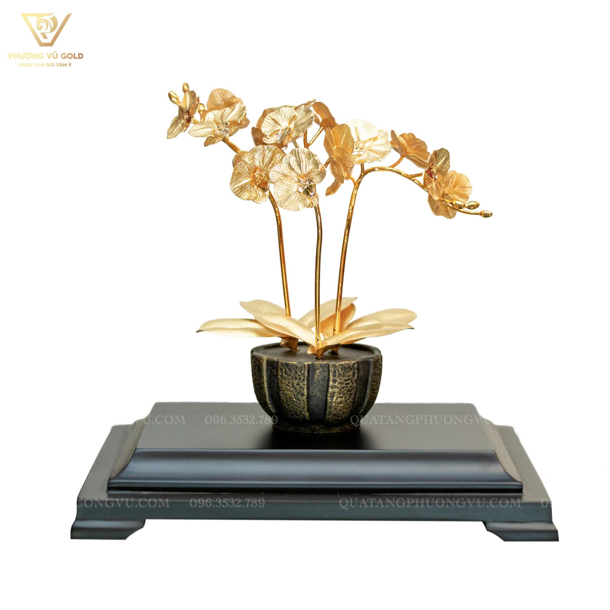 Chậu Lan Phú Quý 3 Cành Dát Vàng 24K – Quà Tặng Sếp | Phượng Vũ Gold