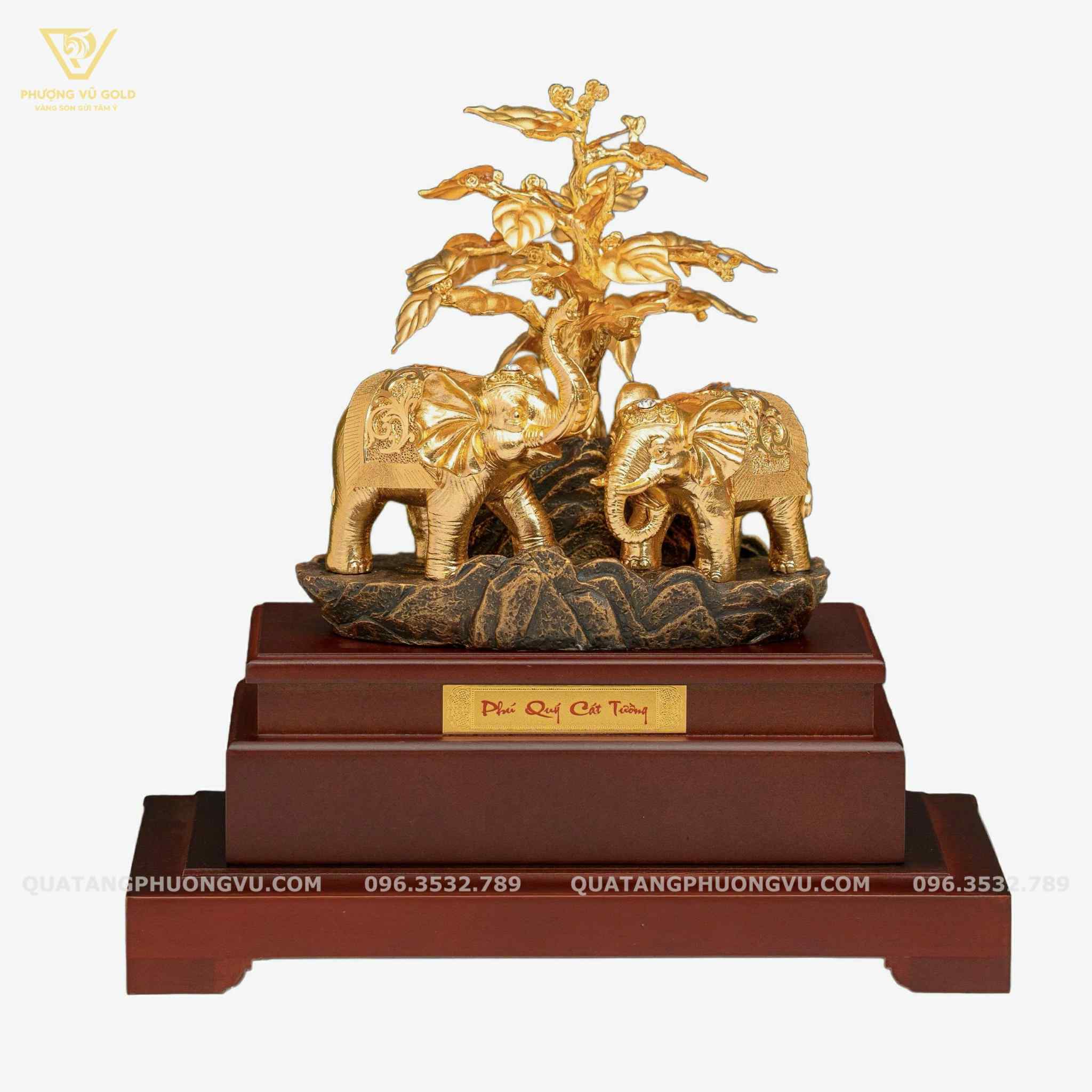 Tượng Đôi Voi Phú Quý Dát Vàng 24K – Quà Tặng Phong Thủy Tài Lộc | Phượng Vũ Gold